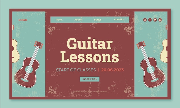 Modèle de page de destination de cours de guitare vintage plat