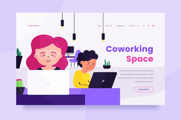 Vecteur gratuit modèle de page de destination de coworking dessiné à la main