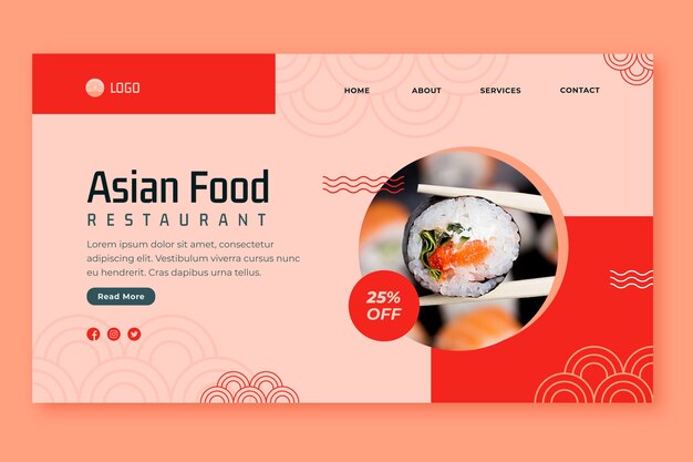 Vecteur gratuit modèle de page de destination de cuisine asiatique design plat
