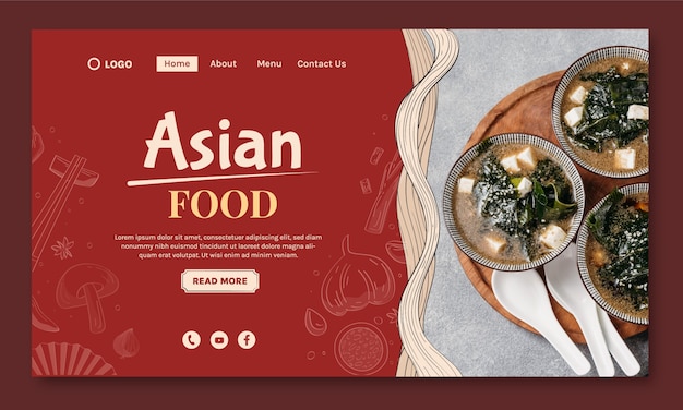 Vecteur gratuit modèle de page de destination de cuisine asiatique dessiné à la main