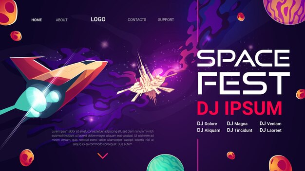 Modèle de page de destination de dessin animé Space Fest pour un spectacle musical ou un concert avec une performance de DJ