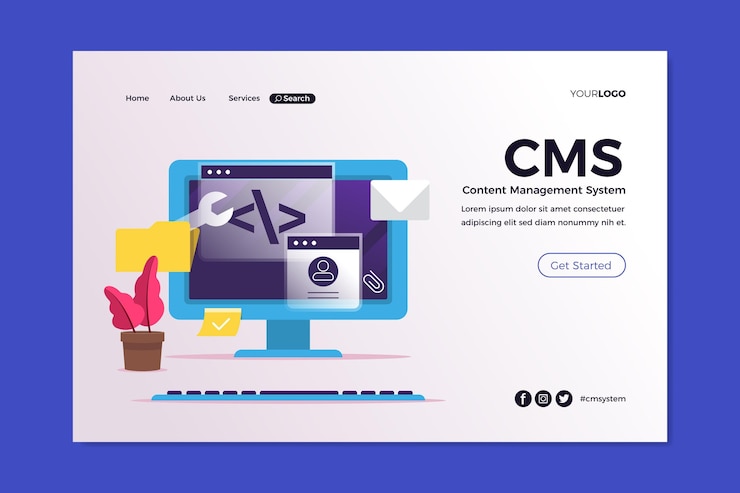 Vecteur gratuit modèle de page de destination du système de gestion de contenu plat