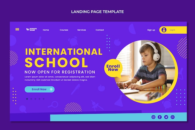 Vecteur gratuit modèle de page de destination d'école internationale minimale plate