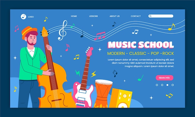 Vecteur gratuit modèle de page de destination d'école de musique dessiné à la main