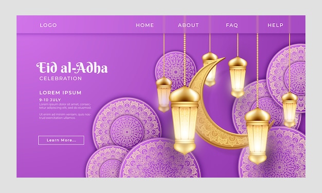 Vecteur gratuit modèle de page de destination eid al-adha réaliste avec lanternes et croissant de lune