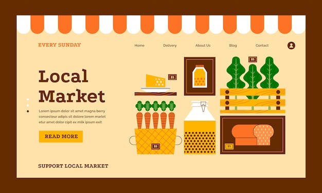 Vecteur gratuit modèle de page de destination d'entreprise de marché local plat