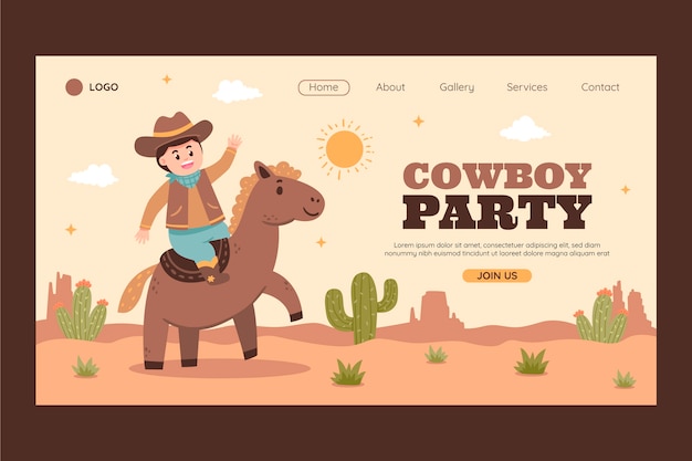 Vecteur gratuit modèle de page de destination de fête de cow-boy plat