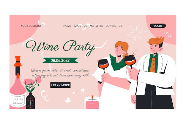 Vecteur gratuit modèle de page de destination de fête du vin dessiné à la main