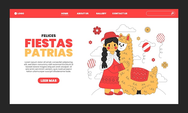 Modèle de page de destination fiestas patrias pérou dessiné à la main avec personne et lama