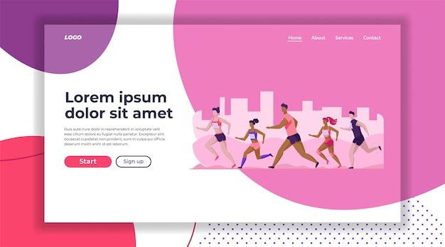 Vecteur gratuit modèle de page de destination de groupe de sportifs exécutant un marathon