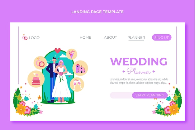 Vecteur gratuit modèle de page de destination de planificateur de mariage plat