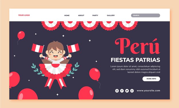 Vecteur gratuit modèle de page de destination plate fiestas patrias pérou