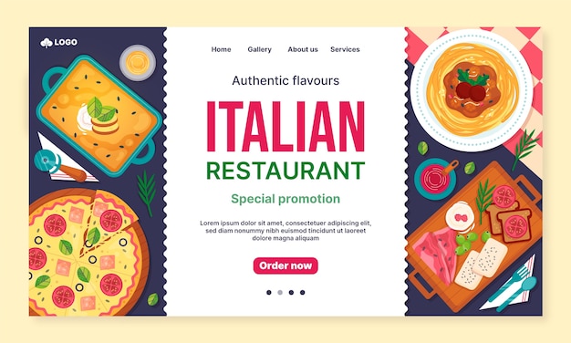 Vecteur gratuit modèle de page de destination plate pour un restaurant de cuisine italienne traditionnelle