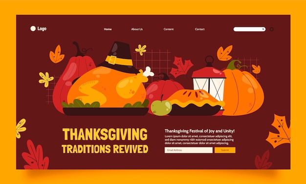 Vecteur gratuit modèle de page de destination plate pour thanksgiving avec dinde et tarte