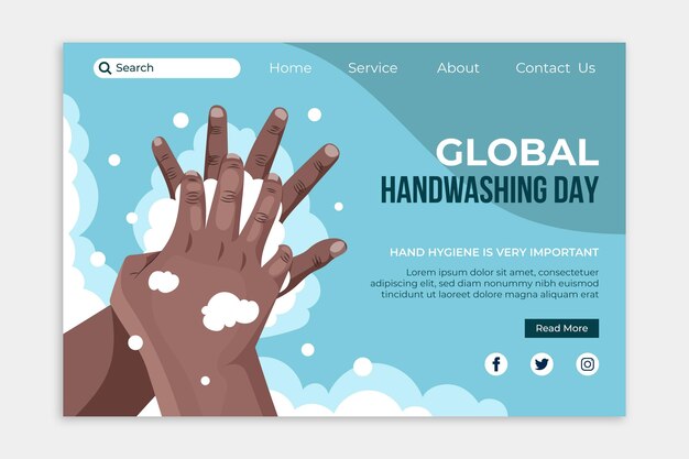 Vecteur gratuit modèle de page de destination pour la journée mondiale du lavage des mains à plat dessiné à la main