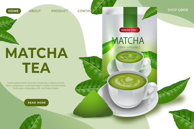 Vecteur gratuit modèle de page de destination pour le thé matcha