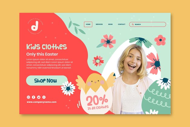 Modèle de page de destination pour la vente de Pâques avec une fille souriante