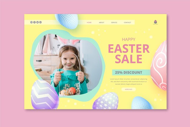 Modèle de page de destination pour la vente de Pâques avec petite fille et panier d'oeufs