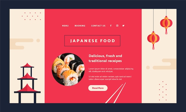 Vecteur gratuit modèle de page de destination de restaurant japonais plat avec de la nourriture traditionnelle