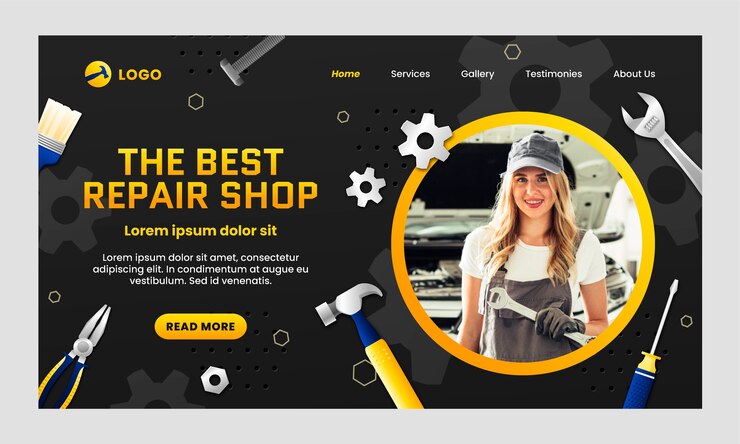 Vecteur gratuit modèle de page de destination des services d'atelier de réparation automobile dégradé