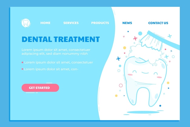 Vecteur gratuit modèle de page de destination de soins dentaires de dessin animé