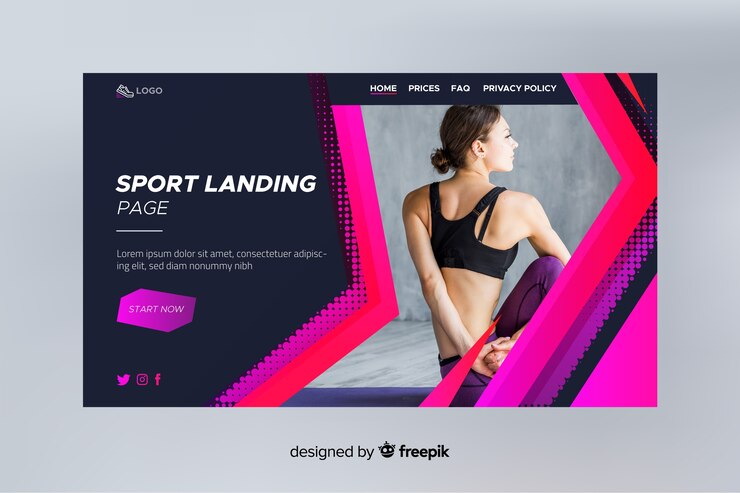 Vecteur gratuit modèle de page de destination sportive avec photo