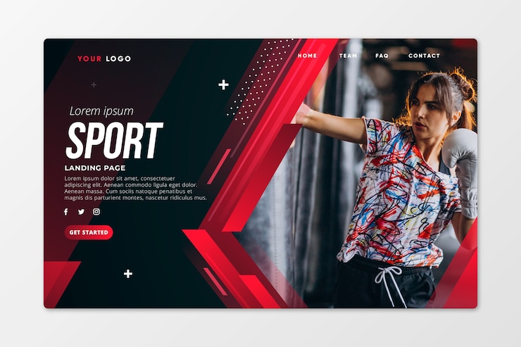 Vecteur gratuit modèle de page de destination sportive avec photo