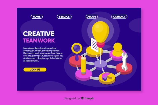 Vecteur gratuit modèle de page de destination de travail d'équipe isométrique