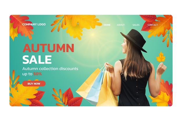 Vecteur gratuit modèle de page de destination de vente d'automne réaliste avec photo
