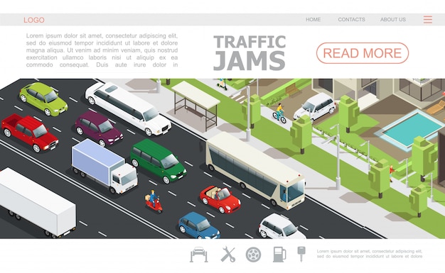Vecteur gratuit modèle de page web d'embouteillage isométrique avec différentes voitures se déplaçant sur la route en ville