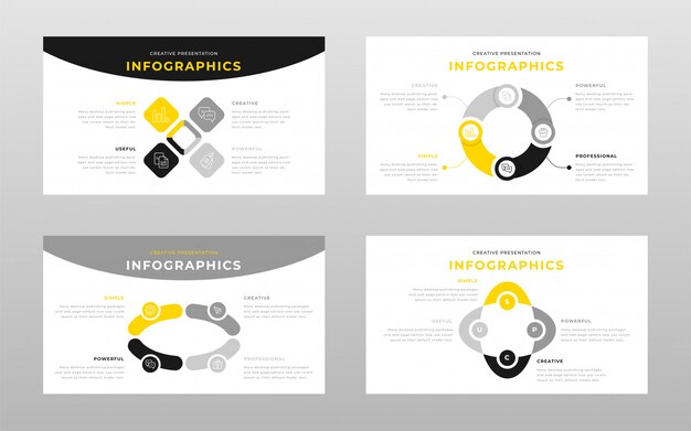 Modèle de pages de présentation de points de présentation de puissance gris jaune et jaune business infographie concept