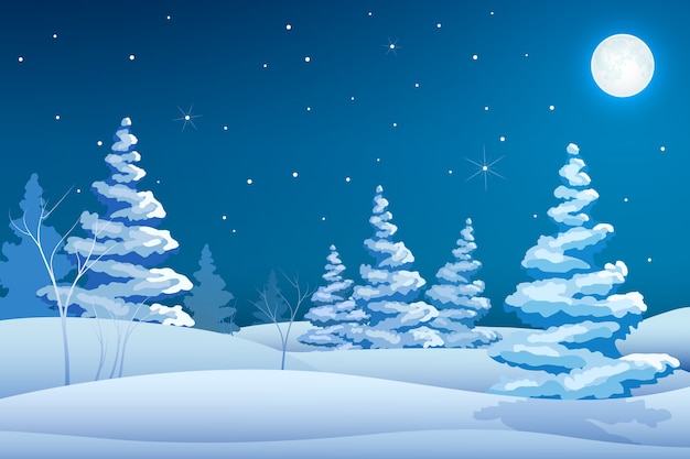 Modèle de paysage d'hiver de nuit de fée avec étoiles d'arbres enneigés et lune