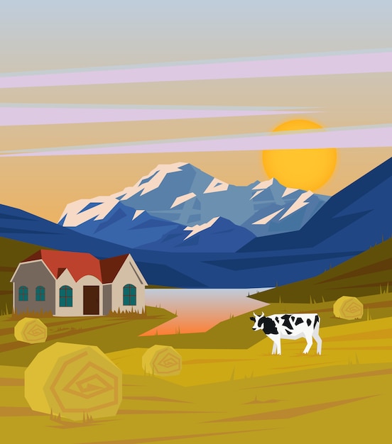 Vecteur gratuit modèle de paysage rural de dessin coloré