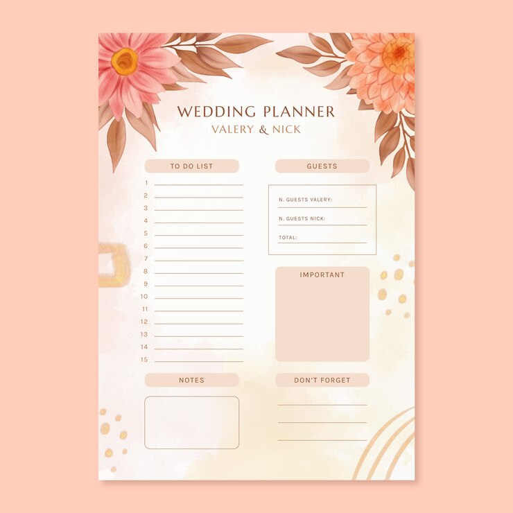 Vecteur gratuit modèle de planificateur de mariage aquarelle