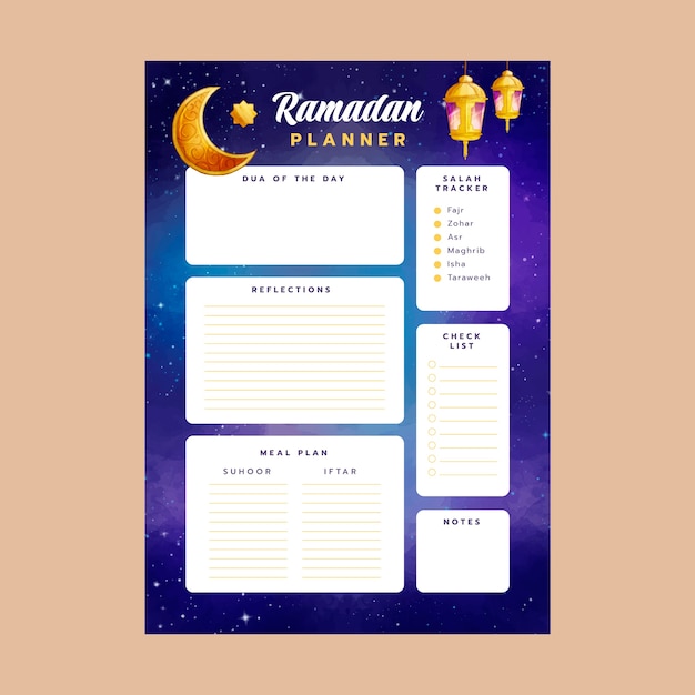 Vecteur gratuit modèle de planificateur de ramadan aquarelle