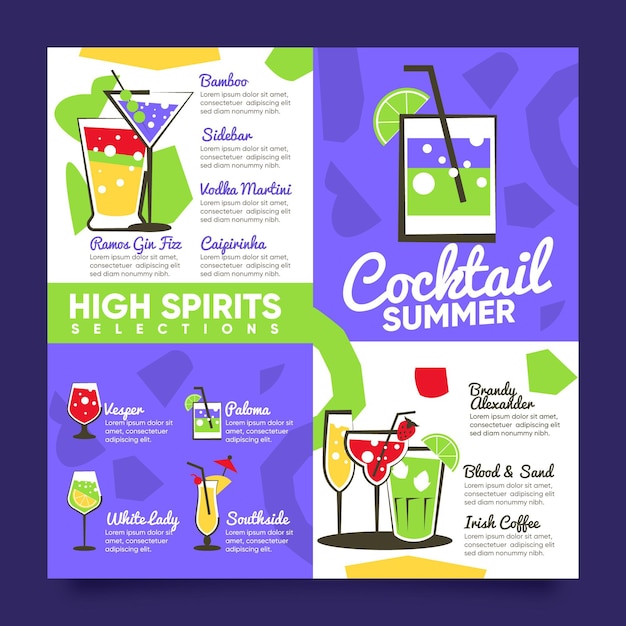 Vecteur gratuit modèle plat de menu de cocktail design