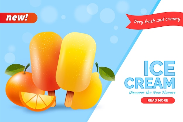 Vecteur gratuit modèle de promotion de crème glacée réaliste