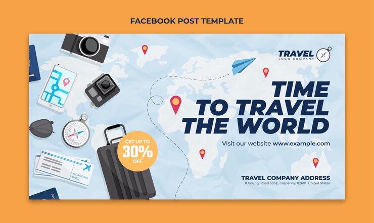 Vecteur gratuit modèle de publication facebook d'agence de voyage design plat