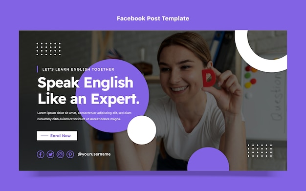 Modèle de publication à plat sur les réseaux sociaux pour les cours d'anglais
