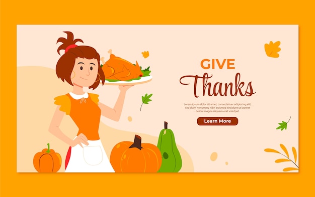 Vecteur gratuit modèle de publication plat sur les réseaux sociaux pour thanksgiving avec une femme tenant de la dinde sur une assiette