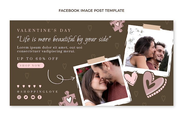 Modèle de publication sur les réseaux sociaux pour la saint-valentin dessiné à la main