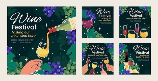 Vecteur gratuit modèle de publications instagram pour le festival du vin dessiné à la main