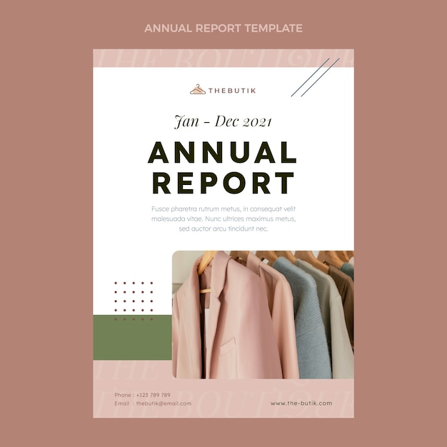 Vecteur gratuit modèle de rapport annuel de boutique de vêtements minimal plat