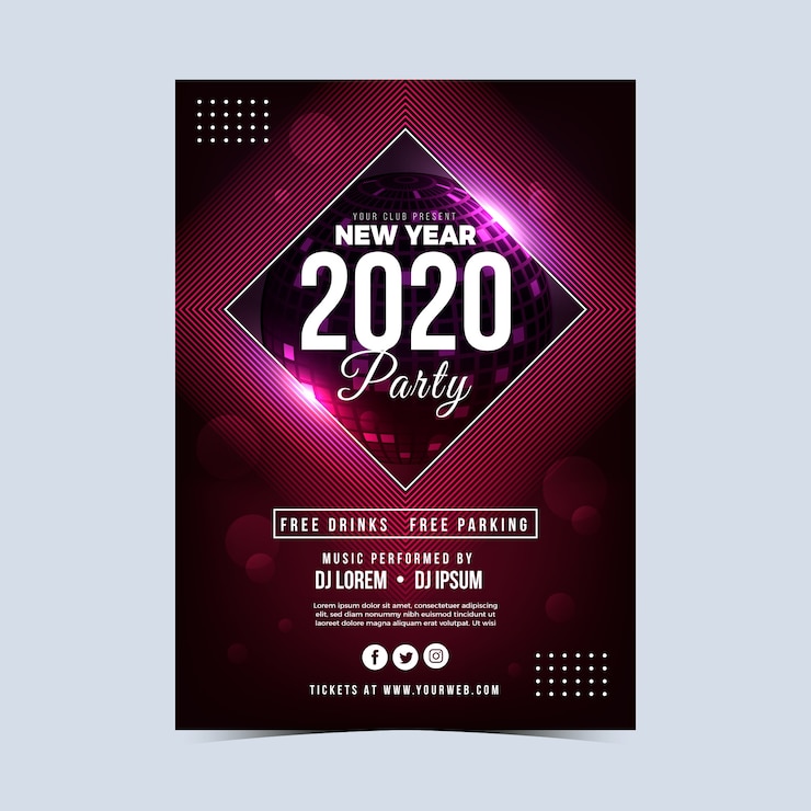 Vecteur gratuit modèle réaliste de flyer du parti nouvel an 2020