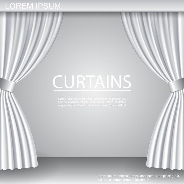 Modèle de rideaux ouverts élégant luxueux blanc sur scène de théâtre dans une illustration de style réaliste