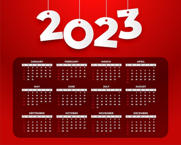 Vecteur gratuit modèle rouge de calendrier du nouvel an 2023 de style suspendu