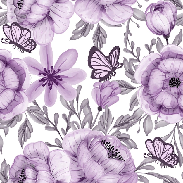 Vecteur gratuit modèle sans couture aquarelle fleur et papillon violet