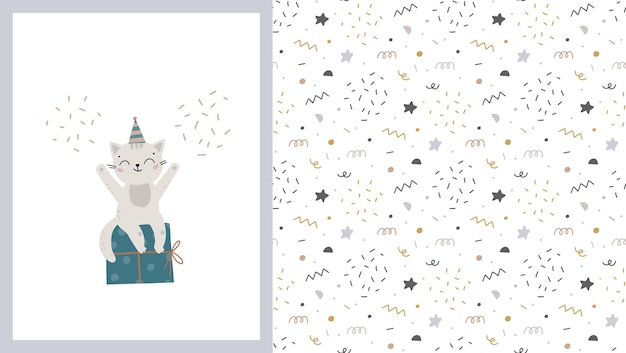 Modèle sans couture et carte avec mignon petit chat avec boîte-cadeau et ballon illustration pour enfants
