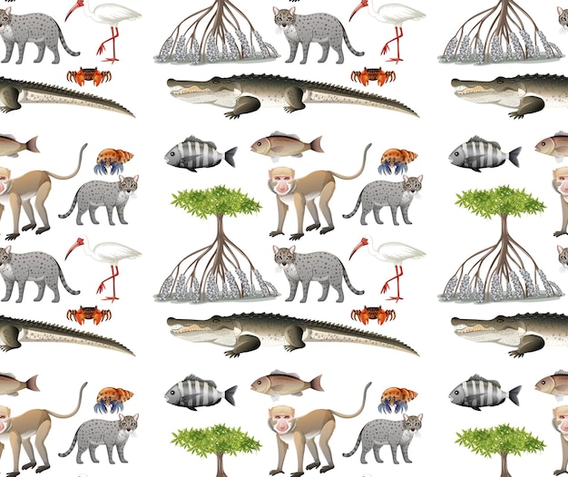 Vecteur gratuit modèle sans couture avec divers animaux de la mangrove en style cartoon