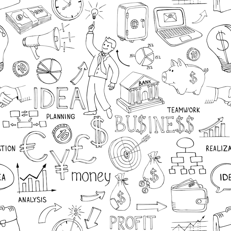 Vecteur gratuit modèle sans couture de doodles entreprise noir et blanc avec une variété d'icônes illustrant des idées de graphiques d'analyse de l'argent et une stratégie dispersée dans une conception de vecteur aléatoire